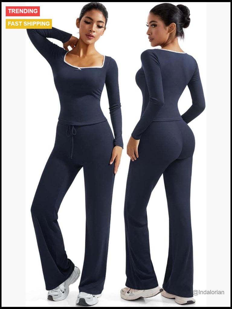Rayon Spandex Lounge Set Long Sleeve Top Wide Leg Pants